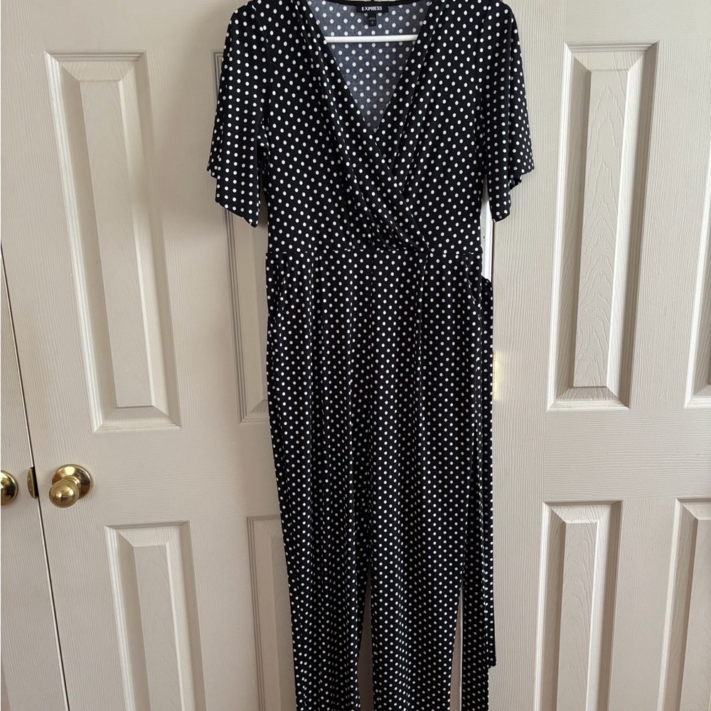 Express Black and White Polka Dot Jumpsuit Flowing Fit